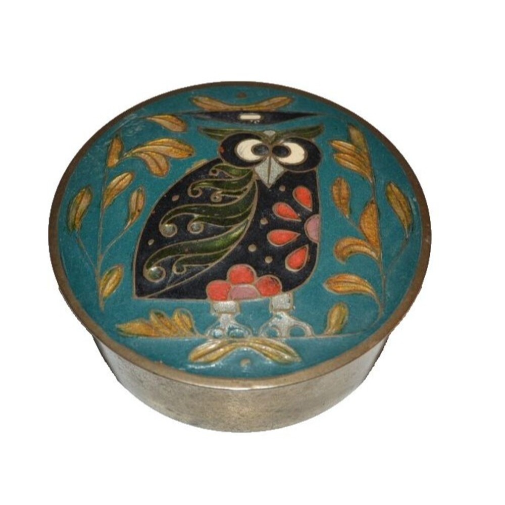 Vtg Brass Trinket Jewelry Box Cloisonné Enamel Owl Round With Lid